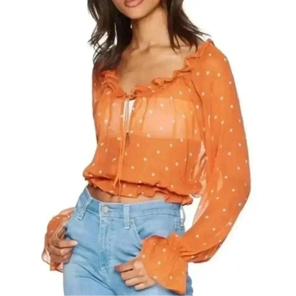 For Love And Lemons Orange Ruffled Tie Front Crop Blouse